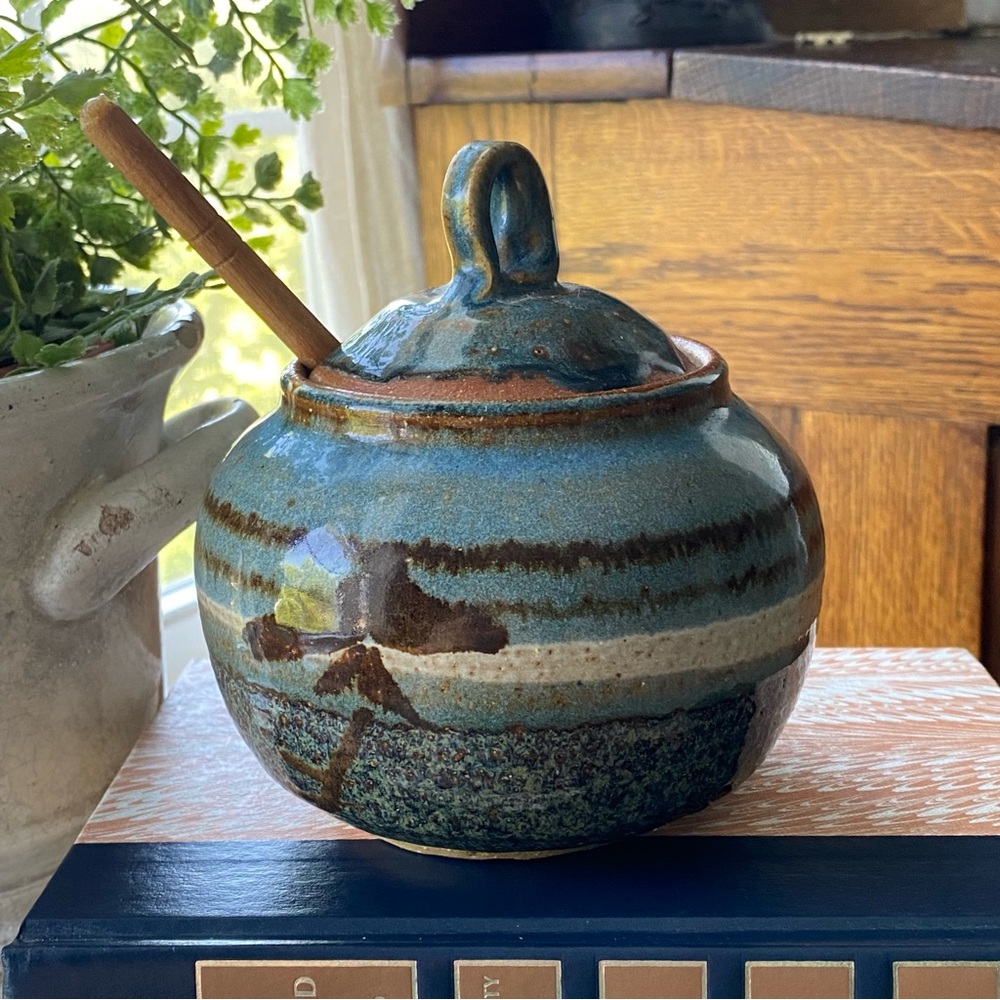 Asian Inspired Honey Pot with Lid Studio Pottery Signed EUC